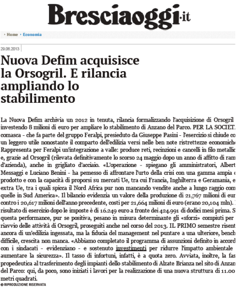 Nuova Defim acquisisce la Orsogril e rilancia ampliando lo stabilimento	