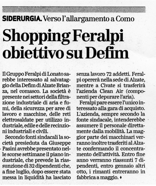 Shopping Feralpi, obiettivo su Defim